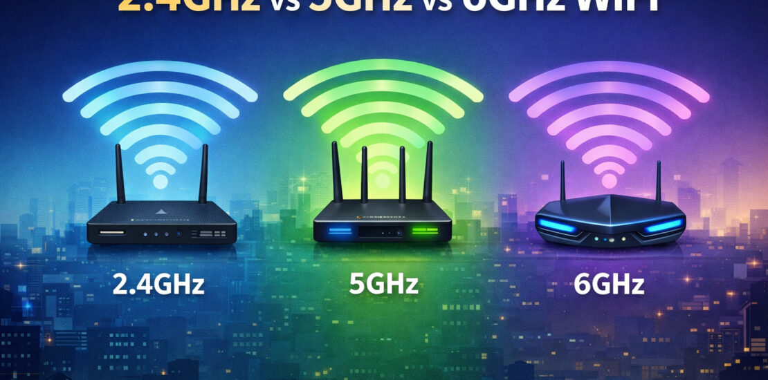 Comparison of 2.4GHz, 5GHz, and 6GHz WiFi bands showing differences in speed, range, and performance.