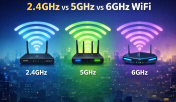 Comparison of 2.4GHz, 5GHz, and 6GHz WiFi bands showing differences in speed, range, and performance.